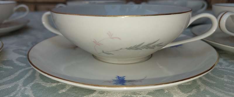 SET 06 SIX VINTAGE FLORAL DESIGN KPM KRISTER GERMANY III 100F4 SOUP BOWLS AND SAUCERS SOLD AS IS