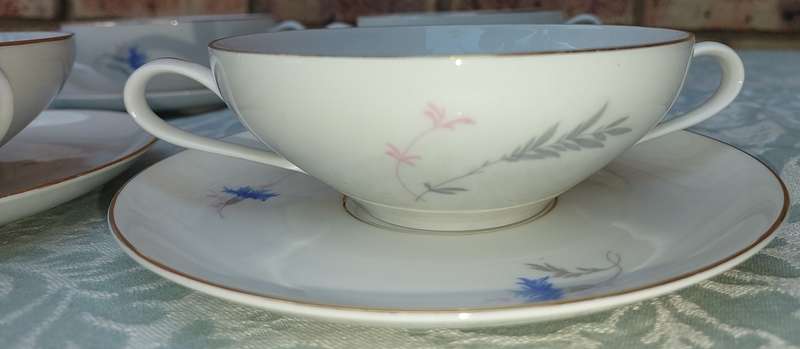 SET 06 SIX VINTAGE FLORAL DESIGN KPM KRISTER GERMANY III 100F4 SOUP BOWLS AND SAUCERS SOLD AS IS