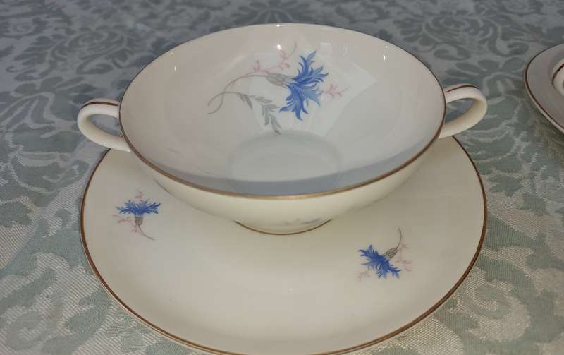 SET 06 SIX VINTAGE FLORAL DESIGN KPM KRISTER GERMANY III 100F4 SOUP BOWLS AND SAUCERS SOLD AS IS