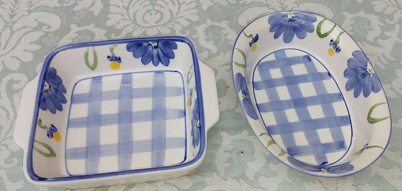 A hand-painted floral blue and white porcelain oven-proof DISHES