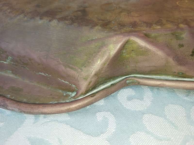 A VINTAGE HAND MADE BRASS ON COPPER RECTANGULAR SERVING TRAY SOLD AS IS