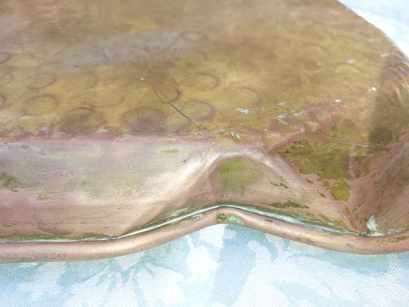 A VINTAGE HAND MADE BRASS ON COPPER RECTANGULAR SERVING TRAY SOLD AS IS
