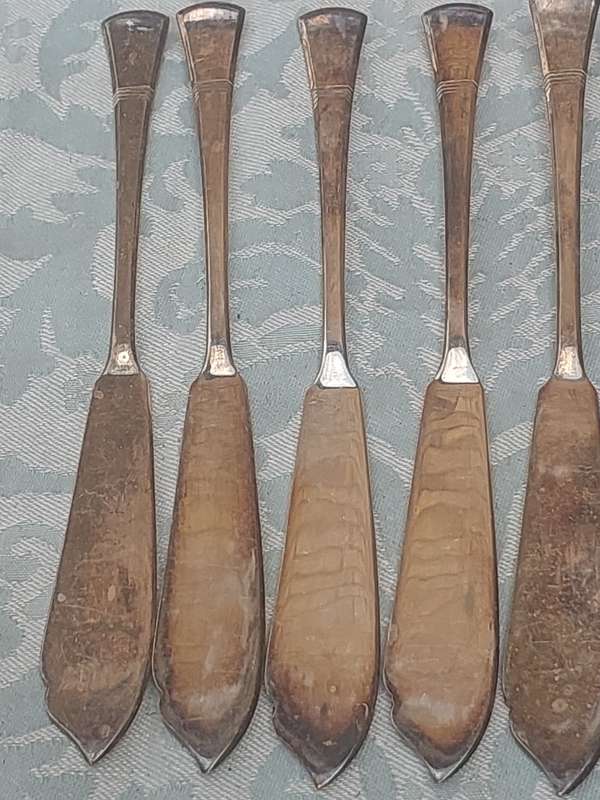 A VINTAGE SET OF 12 FISH KNIVES AND FORKS EPNS MADE IN ENGLAND SOLD AS IS