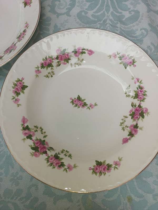 A VINTAGE SET OF 5 PORCELAIN DINNER PLATES WITH SILVER TRIM SOLD AS IS