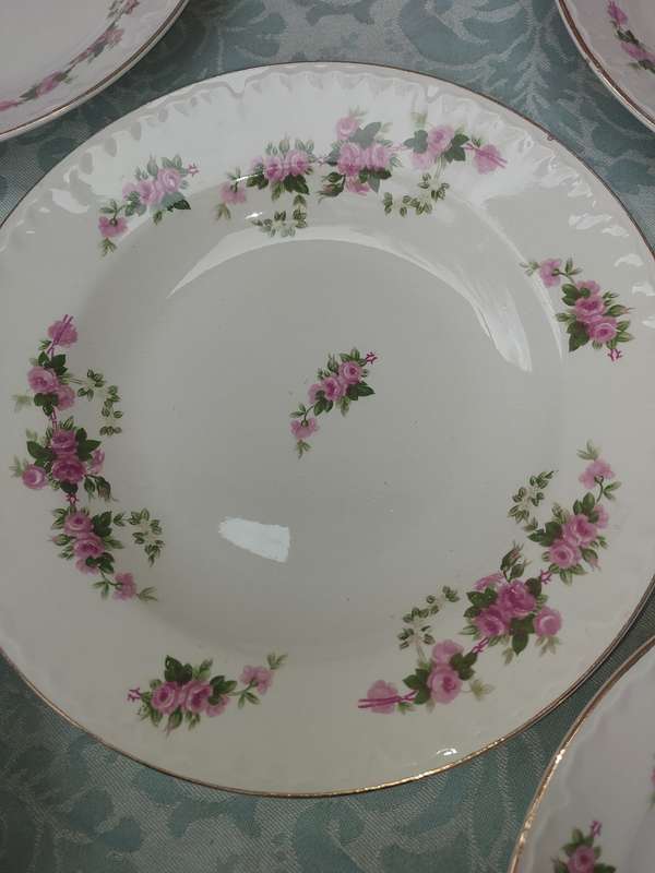 A VINTAGE SET OF 5 PORCELAIN DINNER PLATES WITH SILVER TRIM SOLD AS IS