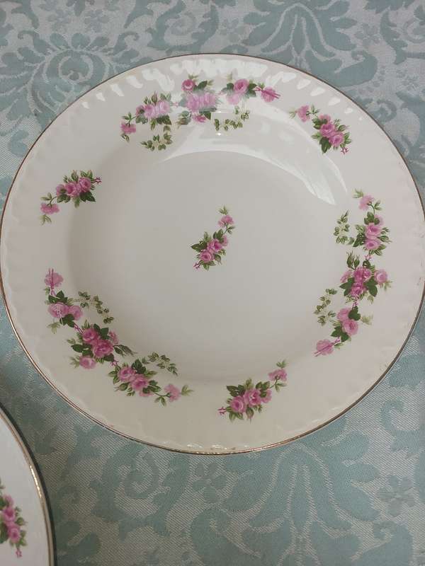 A VINTAGE SET OF 5 PORCELAIN DINNER PLATES WITH SILVER TRIM SOLD AS IS