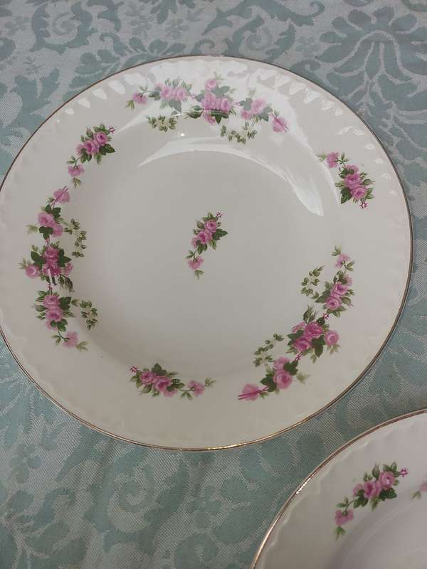 A VINTAGE SET OF 5 PORCELAIN DINNER PLATES WITH SILVER TRIM SOLD AS IS