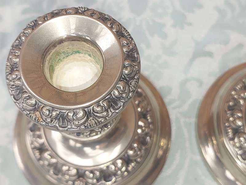 A SET OF TWO SHORT TABLE TOP CANDLES HOLDERS SOLD AS IS