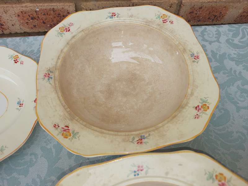 A VINTAGE OF WHITE WITH A FLORAL DESIGN DINNER SET BY ALFRED MEAKEN ENGLAND SOLD AS IS