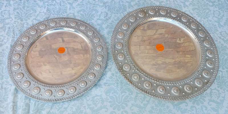 TWO ART DECOR ALLOY PEWTHAL  HAND MADE IN INDIA PLATTERS ,ONE IS FOOTED ,SOLD AS IS