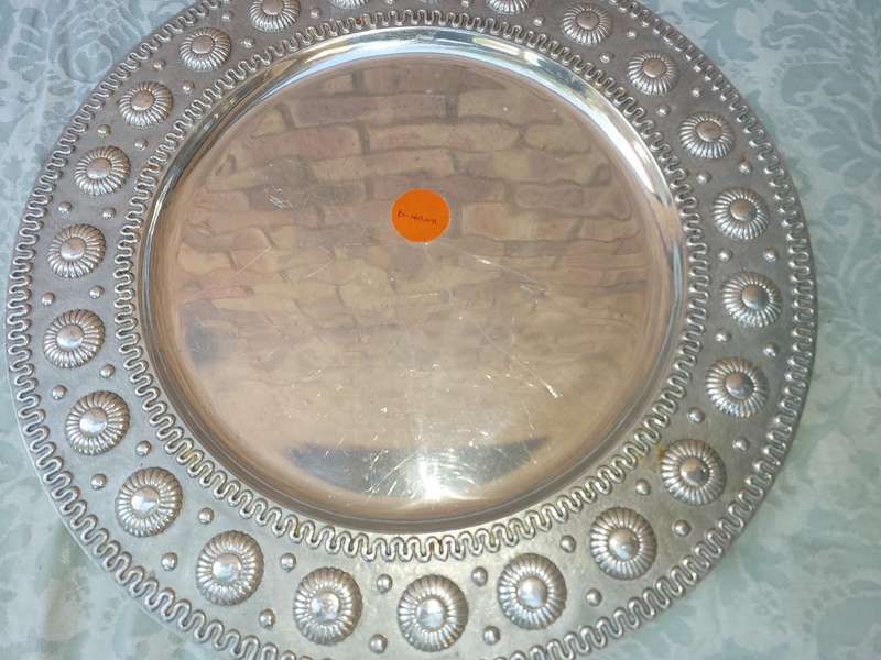 TWO ART DECOR ALLOY PEWTHAL  HAND MADE IN INDIA PLATTERS ,ONE IS FOOTED ,SOLD AS IS