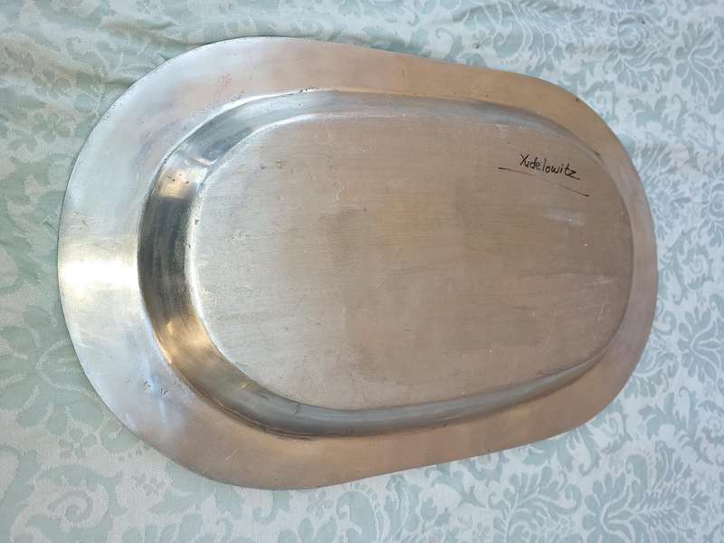 AN ART DECOR OVAL PEWTER SERVING PLATTER SOLD AS IS
