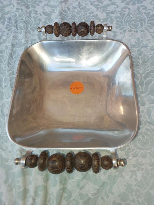 AN ART DECOR PEWTER SQUARE WITH WOODEN HANDLES SERVING TRAY SOLD AS IS