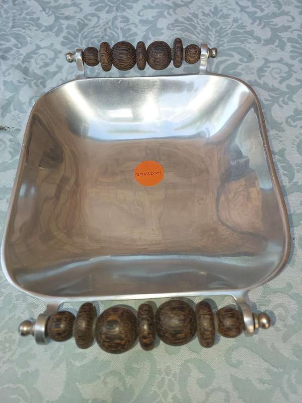 AN ART DECOR PEWTER SQUARE WITH WOODEN HANDLES SERVING TRAY SOLD AS IS