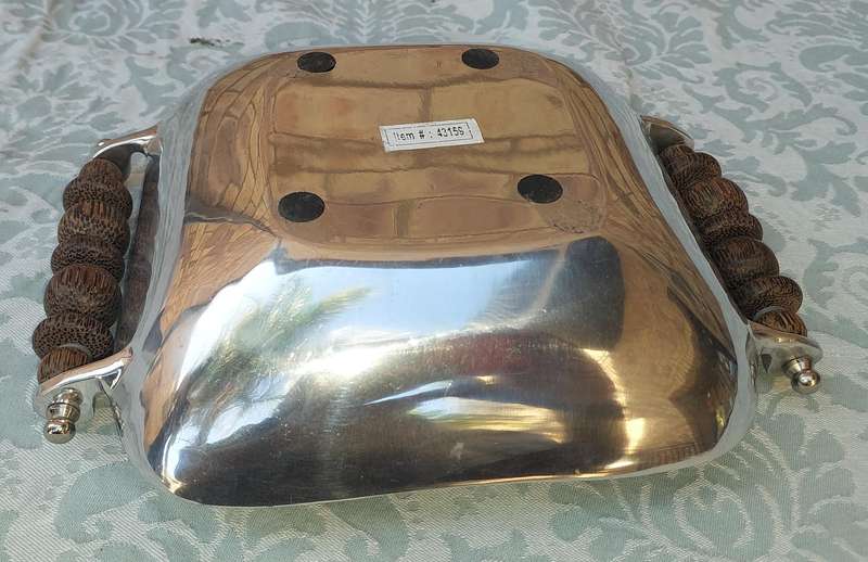 AN ART DECOR PEWTER SQUARE WITH WOODEN HANDLES SERVING TRAY SOLD AS IS