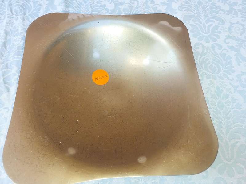 A VINTAGE ART DECOR SERVING PLATTER STAINLESS STEEL WITH A WOODEN FOOT SOLD AS IS