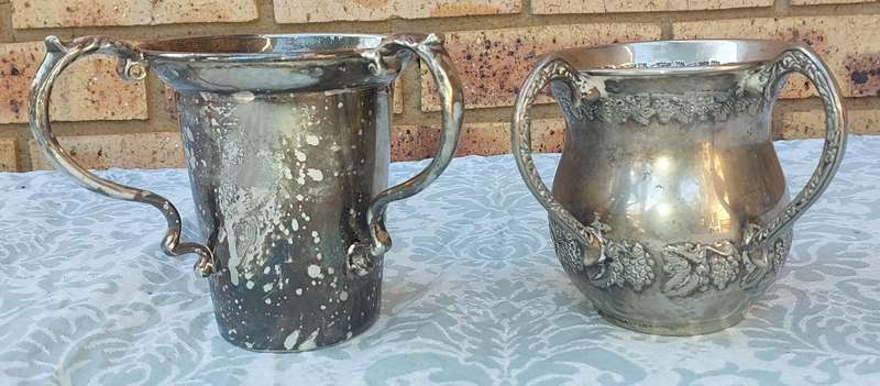 TWO VINTAGE KIDDUSH GOBLETS ONE WIYTH HEBREW TEXT SOLD AS IS
