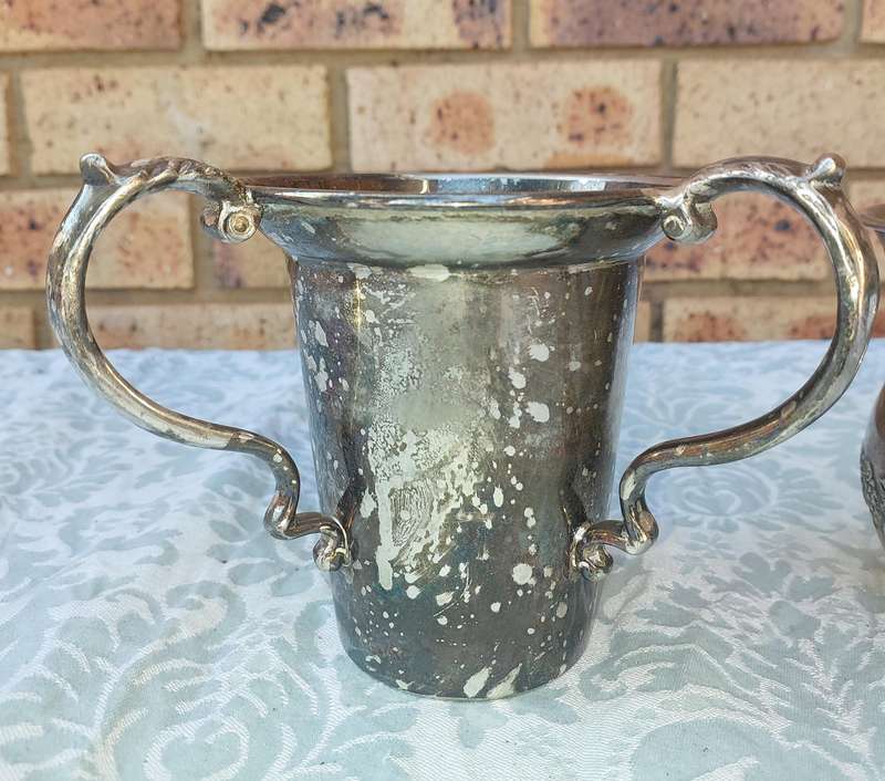 TWO VINTAGE KIDDUSH GOBLETS ONE WIYTH HEBREW TEXT SOLD AS IS