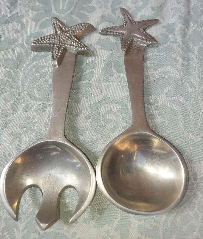 AN ART DECOR PEWTER SET SALAD LADELS SOLD AS IS