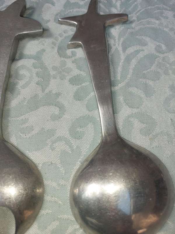 AN ART DECOR PEWTER SET SALAD LADELS SOLD AS IS