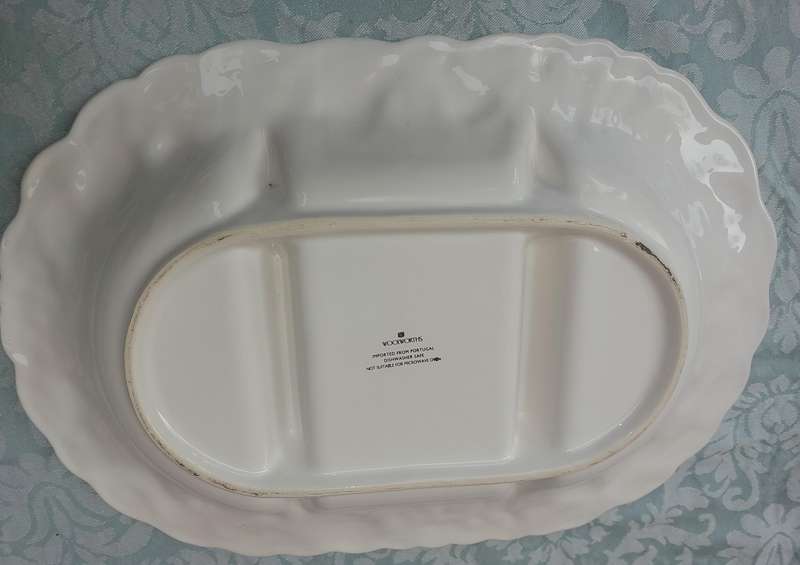 A THREE-DEVISION PORCELAIN SERVING PLATTER IMPORTED FROM PORTUGAL FOR WOOLWORTHS,