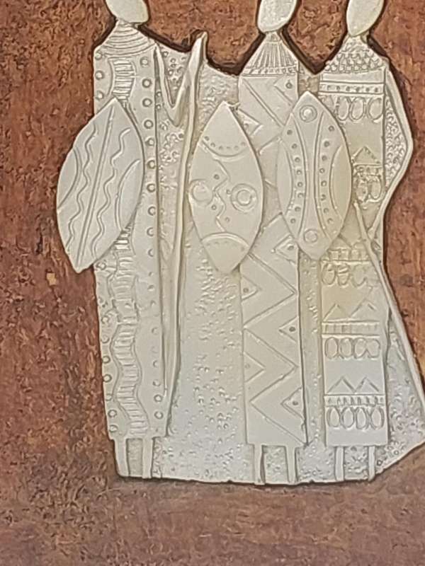 AN ART DECOR WOOD AND ALLOY AFRICAN ELEPHANT COW AND CALF SCULPTURE WITH TRIBAL WARRIERS INLAY