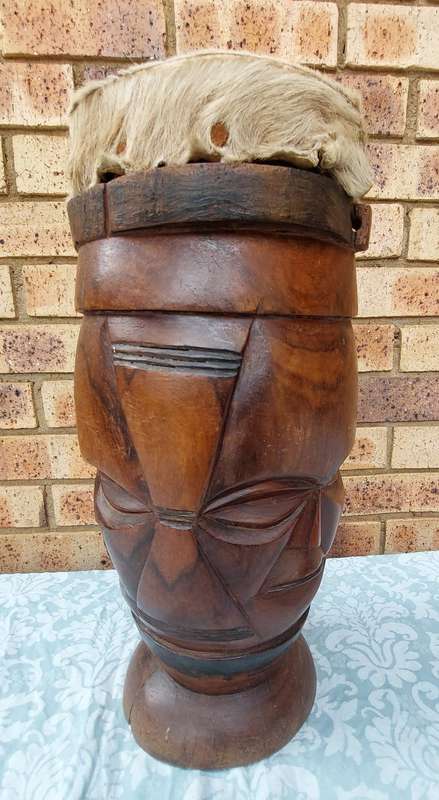 Genuine South African Hand Carved Hard Wood Two Faced Sculpture Tribal Bongo Drum