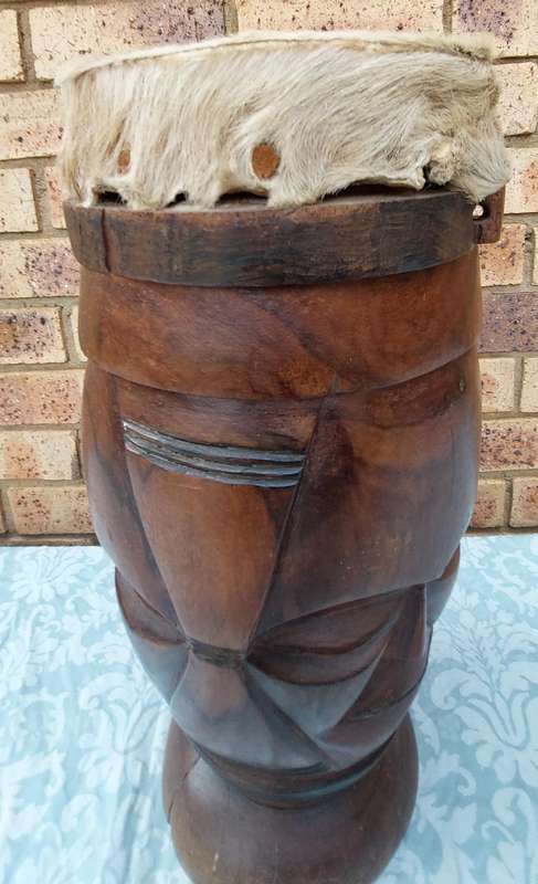 Genuine South African Hand Carved Hard Wood Two Faced Sculpture Tribal Bongo Drum