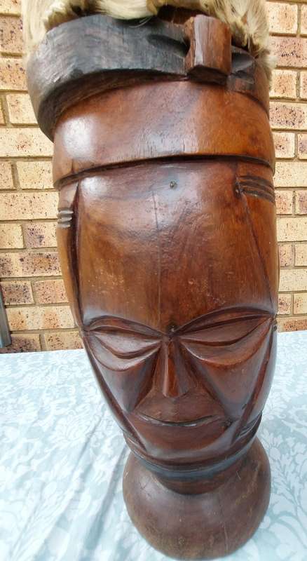 Genuine South African Hand Carved Hard Wood Two Faced Sculpture Tribal Bongo Drum