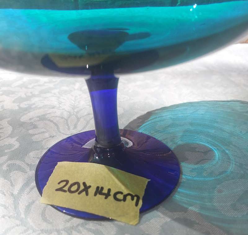 A VINTAGE ART DECOR EXTRA LARGE ICE CREAM COBOLT GREEN AND BLUE FOOTED GLASS BOWL SOLD AS IS