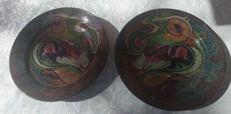 TWO RARE VINTAGE WALL PLAQUES BY GOUDA HOLLAND HAND MADE ART PLATES SOLD AS IS
