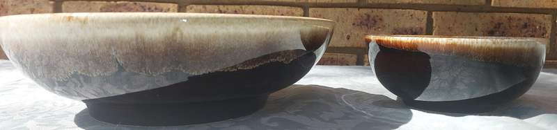 TWO ART DECOR CERAMIC GLAZED BAKED STONE WARE SERVING BOWLS SOLD AS IS