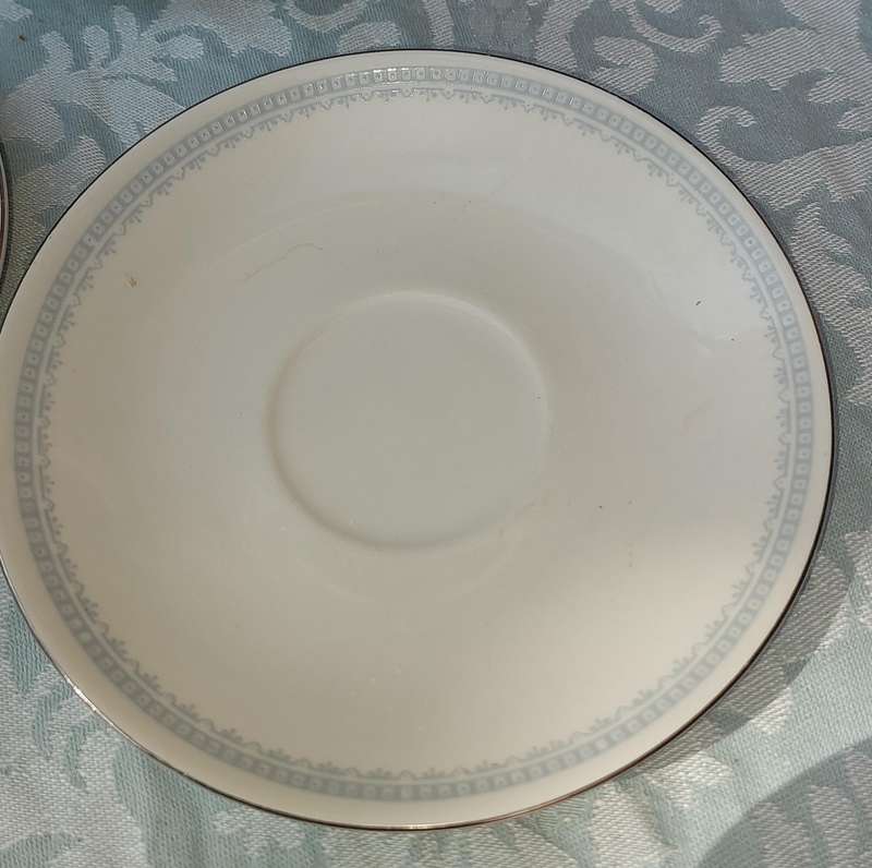 A COLLECTION OF 10 CONTINENTAL SAUCERS WHITE WITH SILVER TRIM AND LIGHT BLUE ART WORK SOLD AS IS