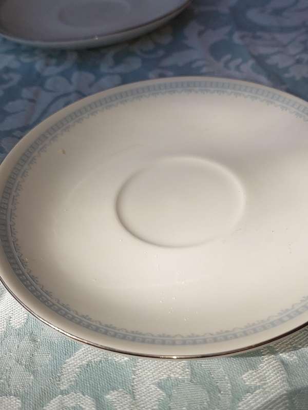 A COLLECTION OF 10 CONTINENTAL SAUCERS WHITE WITH SILVER TRIM AND LIGHT BLUE ART WORK SOLD AS IS
