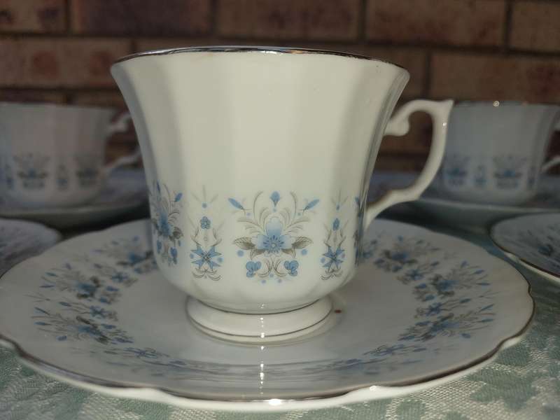 A VINTAGE SET OF 8 TEACUPS AND SAUCERS MADE IN CHINA PORCELAIN WITH FLORAL DESIGN SOLD AS IS