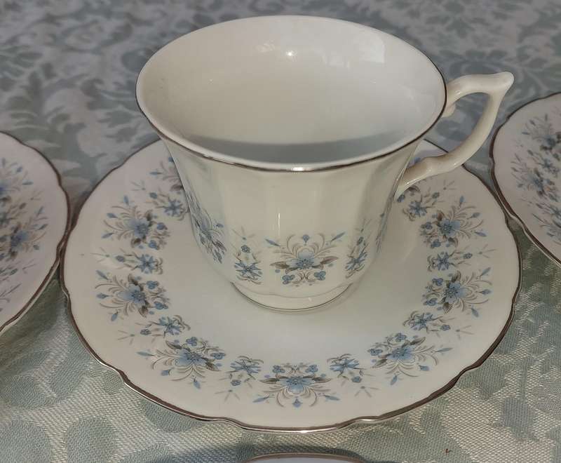 A VINTAGE SET OF 8 TEACUPS AND SAUCERS MADE IN CHINA PORCELAIN WITH FLORAL DESIGN SOLD AS IS