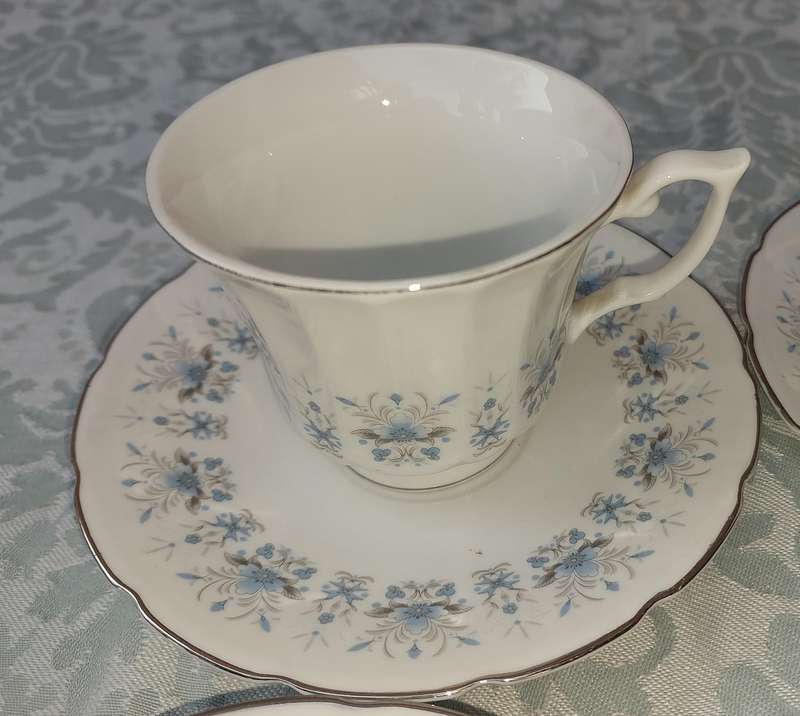 A VINTAGE SET OF 8 TEACUPS AND SAUCERS MADE IN CHINA PORCELAIN WITH FLORAL DESIGN SOLD AS IS