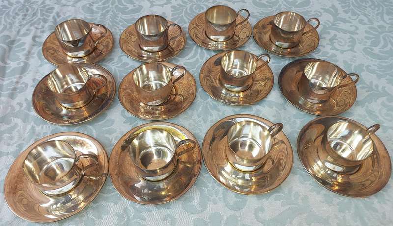 Vintage espresso set of 12 silver plated cups and saucers without  demitasse porcelain cups