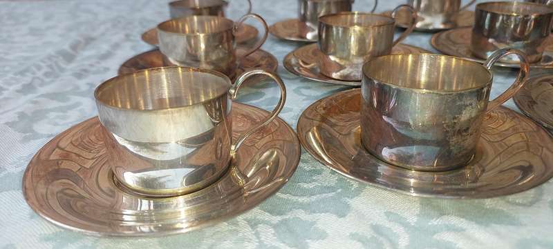 Vintage espresso set of 12 silver plated cups and saucers without  demitasse porcelain cups