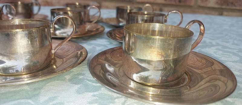 Vintage espresso set of 12 silver plated cups and saucers without  demitasse porcelain cups