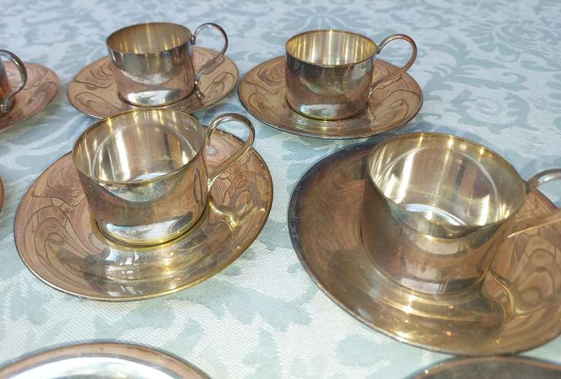 Vintage espresso set of 12 silver plated cups and saucers without  demitasse porcelain cups