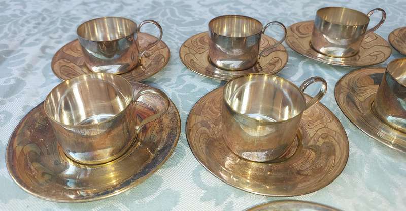 Vintage espresso set of 12 silver plated cups and saucers without  demitasse porcelain cups