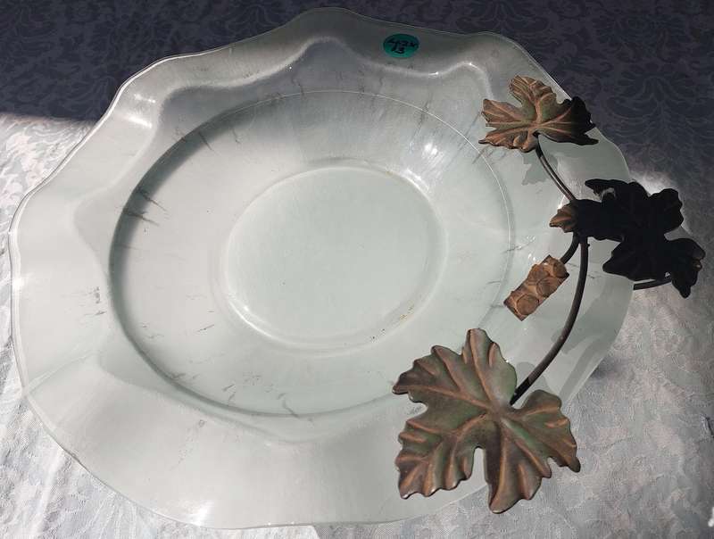 A WRATH IRON AND GLASS ART DECOR FRUIT BOWL STAND SOLD AS IS