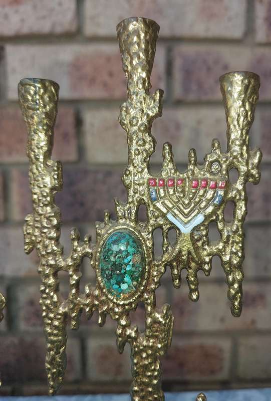 A VINTAGE BRUTALIST BRASS SWIVEL ARMS HANUKKAH MENORAH WAINBERG ISRAEL 13 X 12 INCHES SOLD
