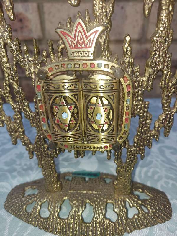 A VINTAGE BRUTALIST BRASS SWIVEL ARMS HANUKKAH MENORAH WAINBERG ISRAEL 13 X 12 INCHES SOLD