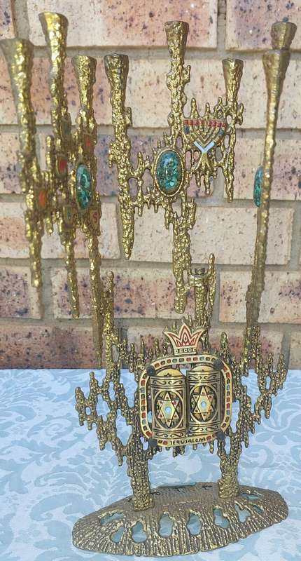 A VINTAGE BRUTALIST BRASS SWIVEL ARMS HANUKKAH MENORAH WAINBERG ISRAEL 13 X 12 INCHES SOLD
