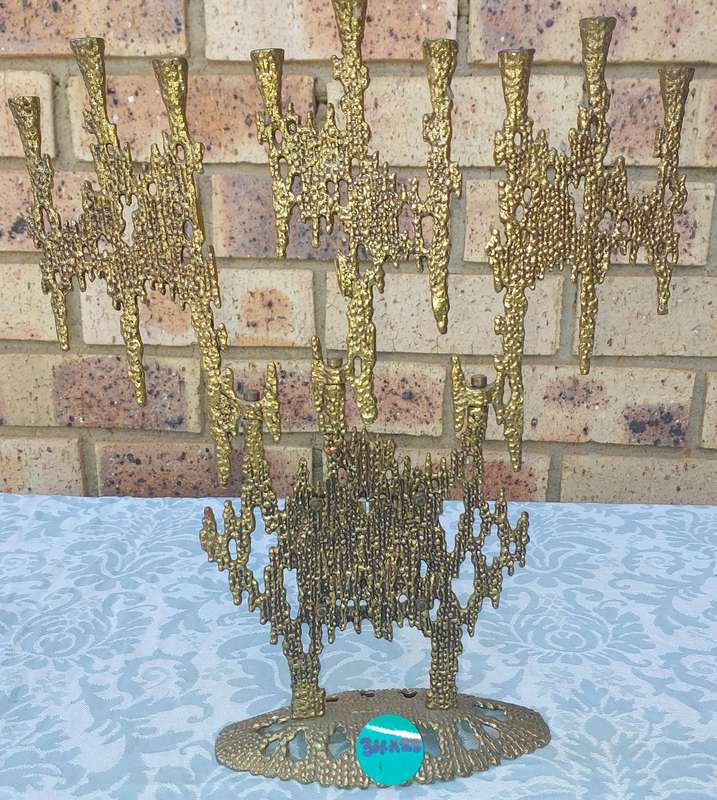 A VINTAGE BRUTALIST BRASS SWIVEL ARMS HANUKKAH MENORAH WAINBERG ISRAEL 13 X 12 INCHES SOLD