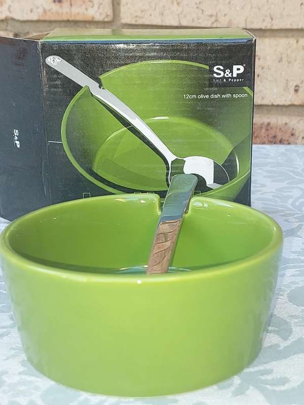 TWO DELISH S A & P OLIVE DISHES WITH SPOONS SOLD AS IS