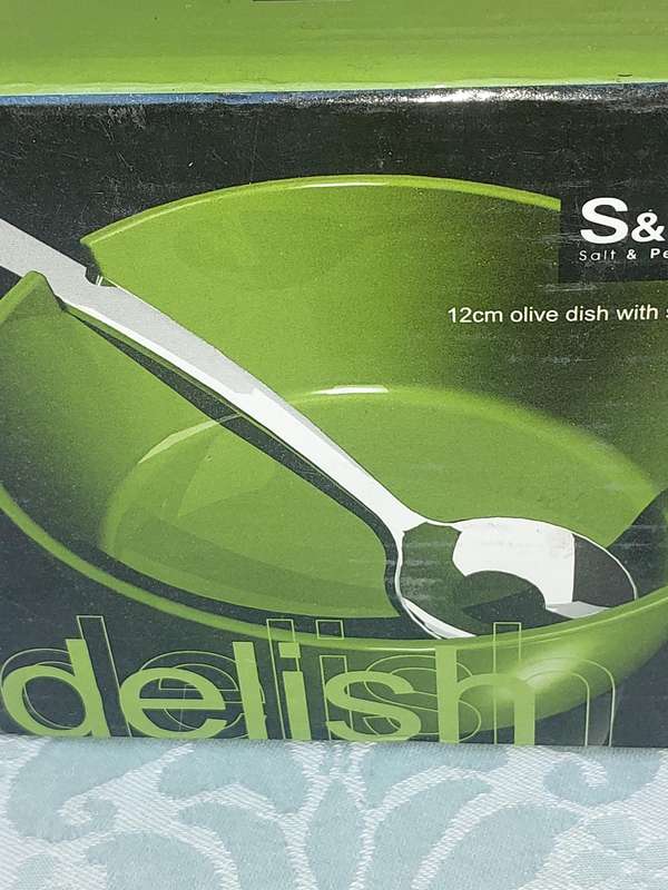 TWO DELISH S A & P OLIVE DISHES WITH SPOONS SOLD AS IS