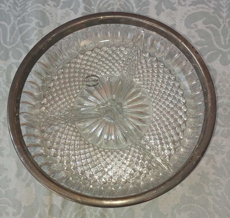 Glass Crystal Serving Bowl With Silver Plated Rim Round Divided 9 Heavy sold as is